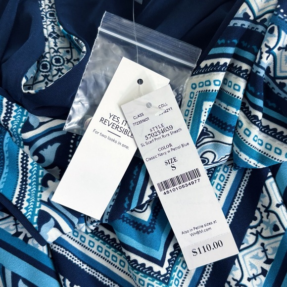 WHBM Reversible Scarf Print Sheath Dress Midi Navy Petrol Blue Size S - Picture 15 of 16